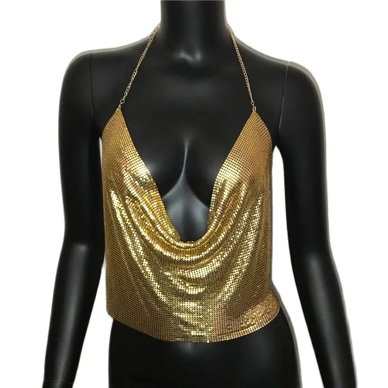 Sexy Metal Sequins Tank Top For Women 2025 Summer V Neck Backless Crop Tops Luxury Solid Short Party Nightclub Tank Tops