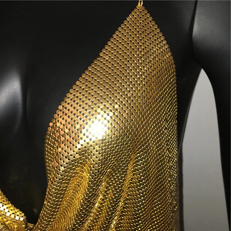 Sexy Metal Sequins Tank Top For Women 2025 Summer V Neck Backless Crop Tops Luxury Solid Short Party Nightclub Tank Tops