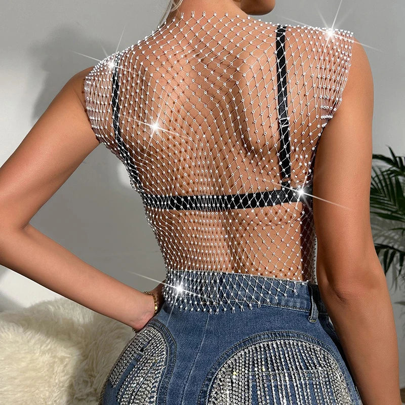 New Sexy Mesh Crop Tops for Women Summer Rhinestones Fashion Party Club See Through Fishnet Tank Hollow Out Backless Top