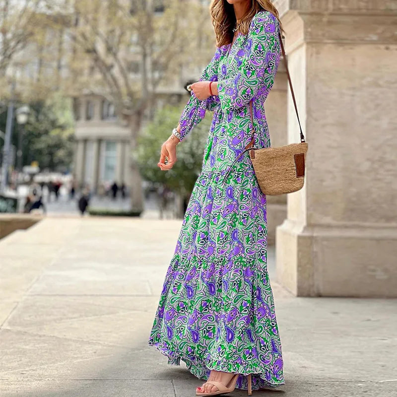 .Women's Autumn New Fashionable Printed Sexy V-neck Long Sleeve High Waist .Elastic Waist Medium Length Bohemian Dress