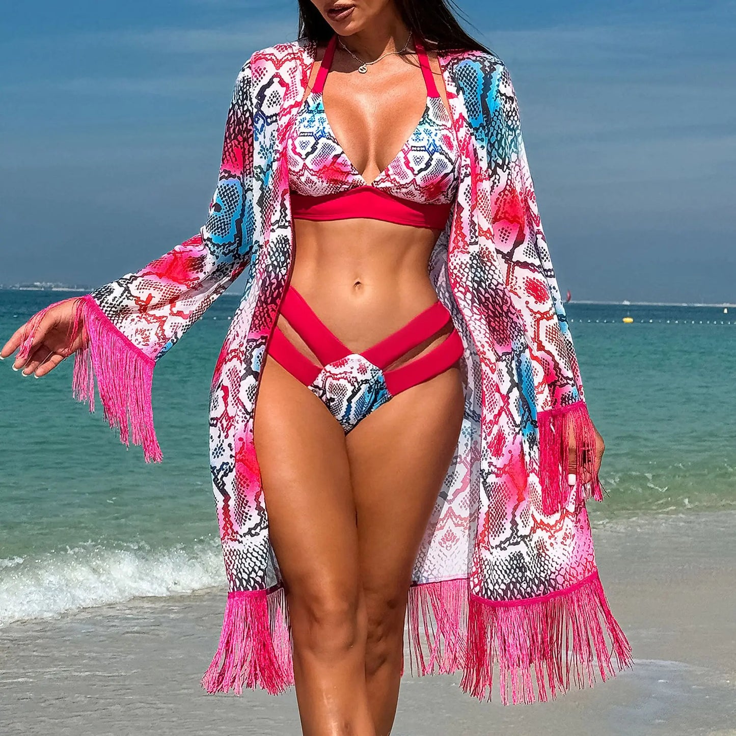 2024 Three Pieces Bikini Set Cover Up Swimwear High Waisted Bikini Set Women's Swimwear Print  For Female Bath Suit Tropical