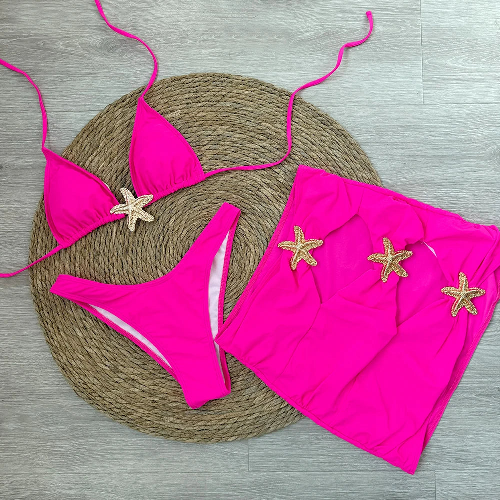 Sexy starfish 3 Pieces Bikinis 2025 Swimsuit For Women Black Swimwear Brazilian Bikini Set Biquini Female Swimuits Beachwear