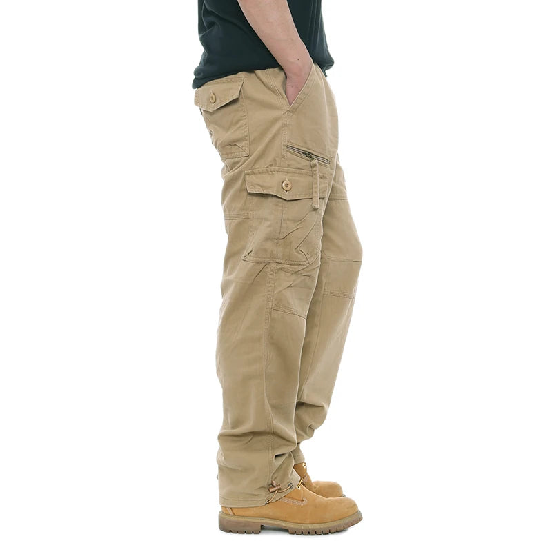 2025 Cargo Pants Men 100% Cotton Multiple Pockets Elastic Waist Casual Trousers Outdoor Hiking Climbing Mountains Men's Pants