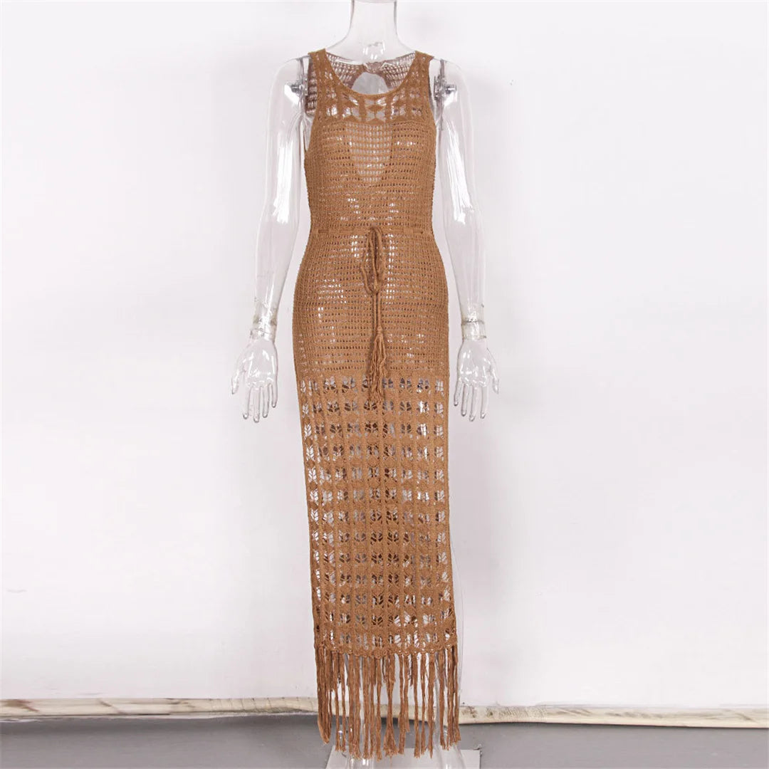 S- XL Fringe Tassel Side Slit Knitted Crochet Dress Hollow Out Boho Maxi Long Dress Beach Cover-ups Beach Dress Beachwear DV3802