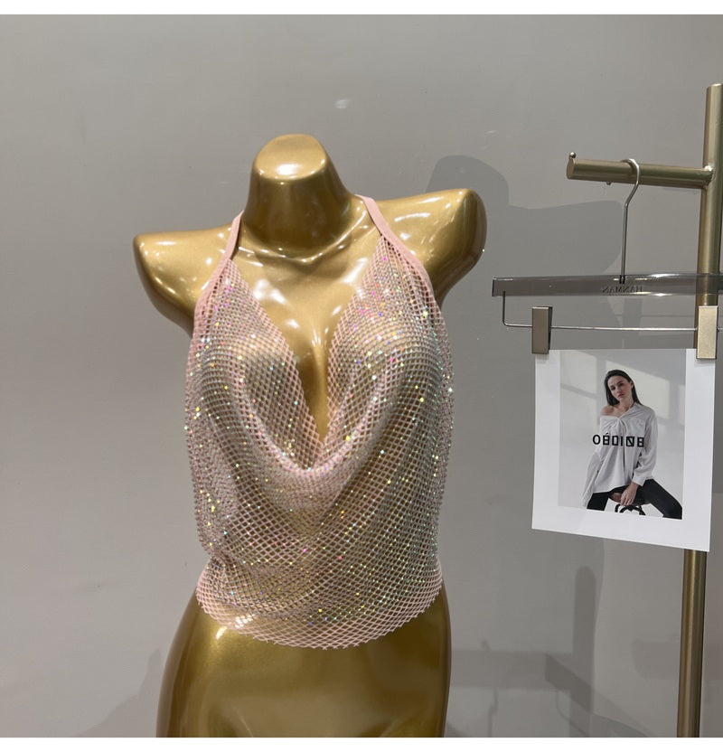 Women's Summer 2023 Sexy Rhinestone Solid Color Camisole Tie Backless Bandage Corset Top Fashion Peplum