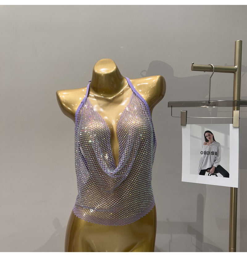 Women's Summer 2023 Sexy Rhinestone Solid Color Camisole Tie Backless Bandage Corset Top Fashion Peplum