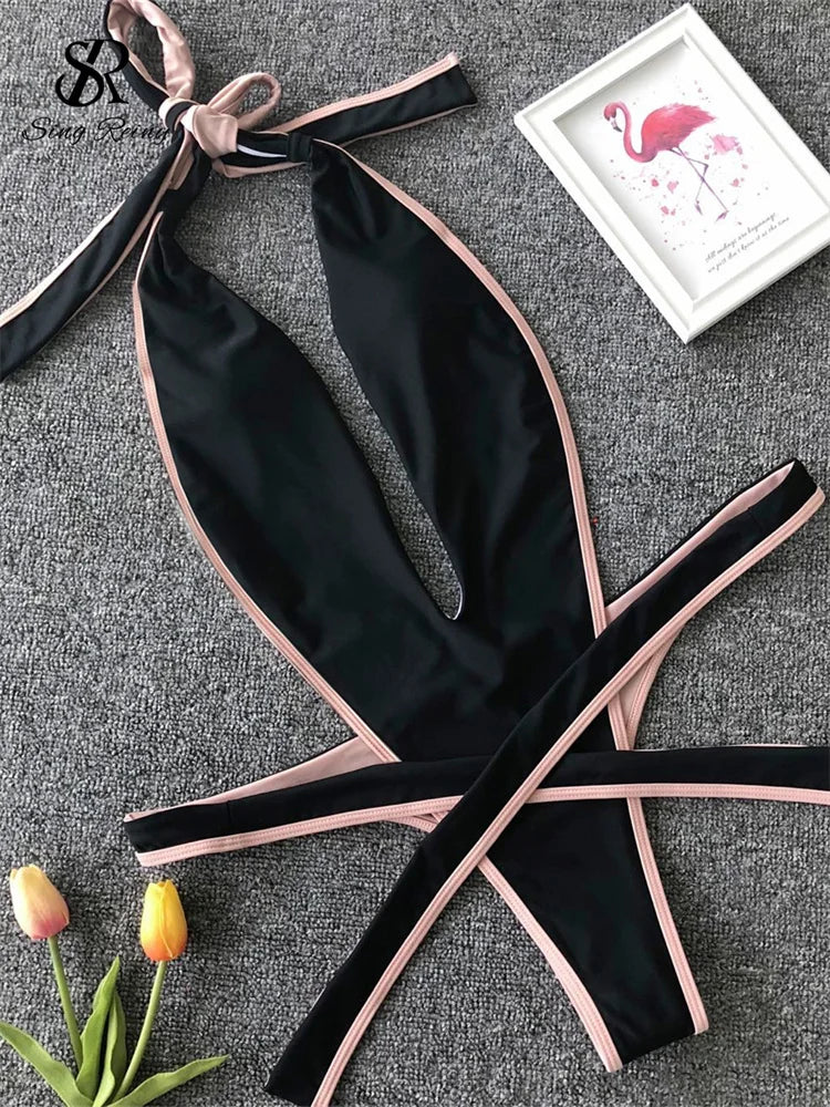 SINGREINY Fashion Halter Sexy Bikini Rompers Female Lace Up Bodycon Playsuits Women Vacation Style Beach Leopard Swimsuits