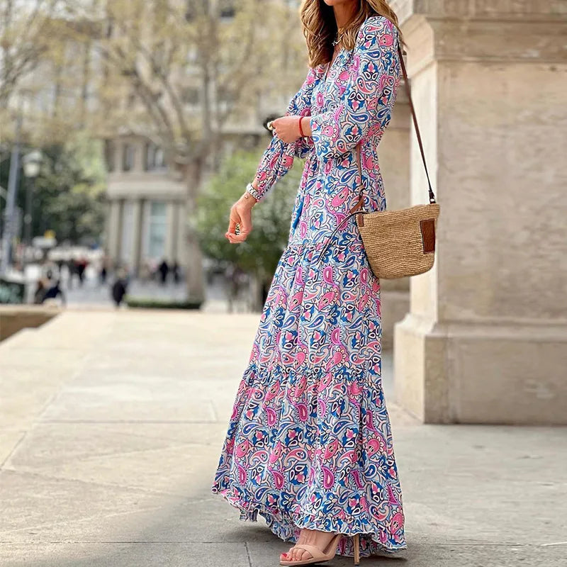 .Women's Autumn New Fashionable Printed Sexy V-neck Long Sleeve High Waist .Elastic Waist Medium Length Bohemian Dress
