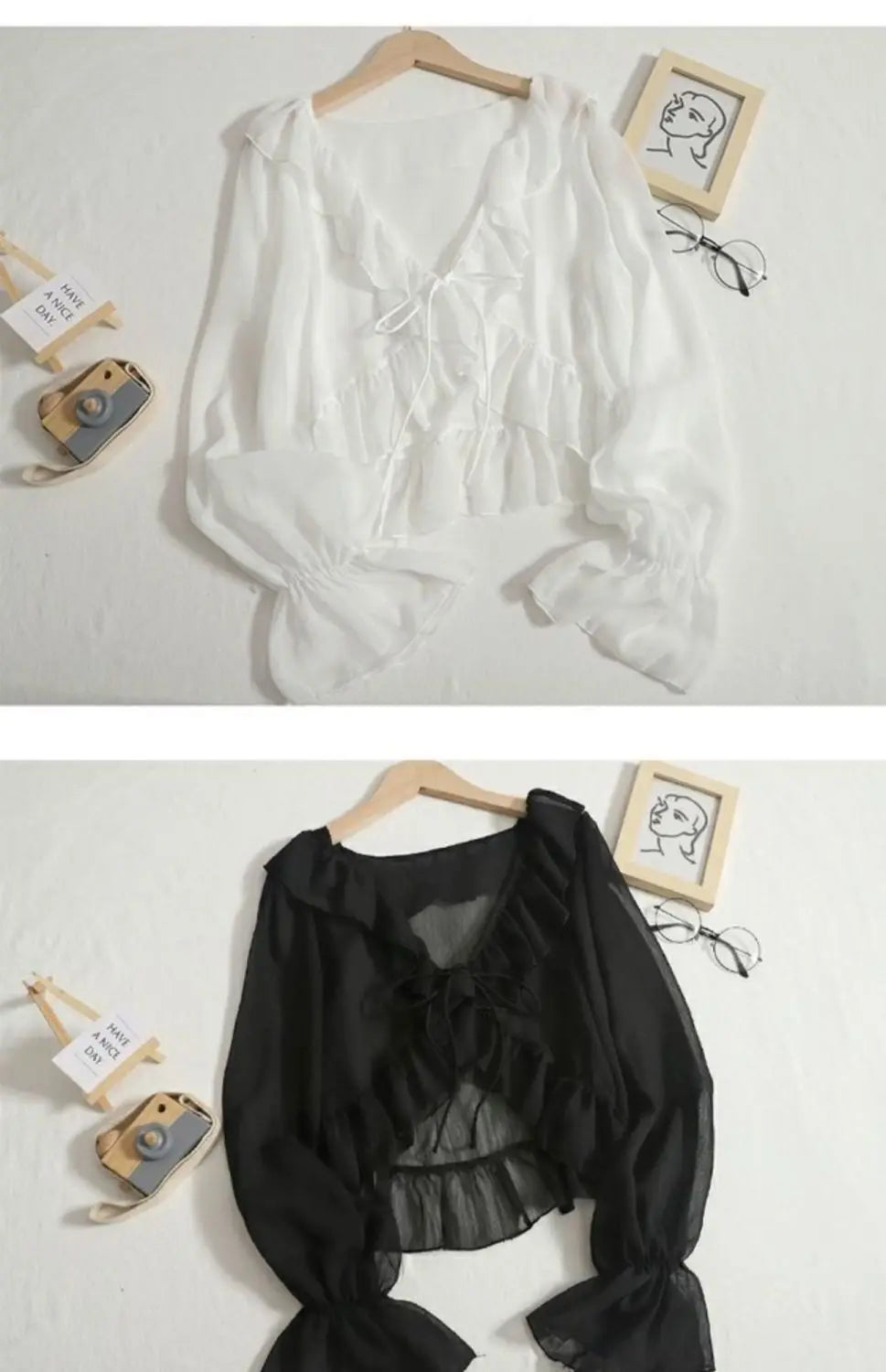 Women Summer Shirts Sweet Long Sleeve Ruffles Flare Sleeve Holiday Solid Sunscreen Tops Tie-Up Cardigans Chiffon Short Shirts