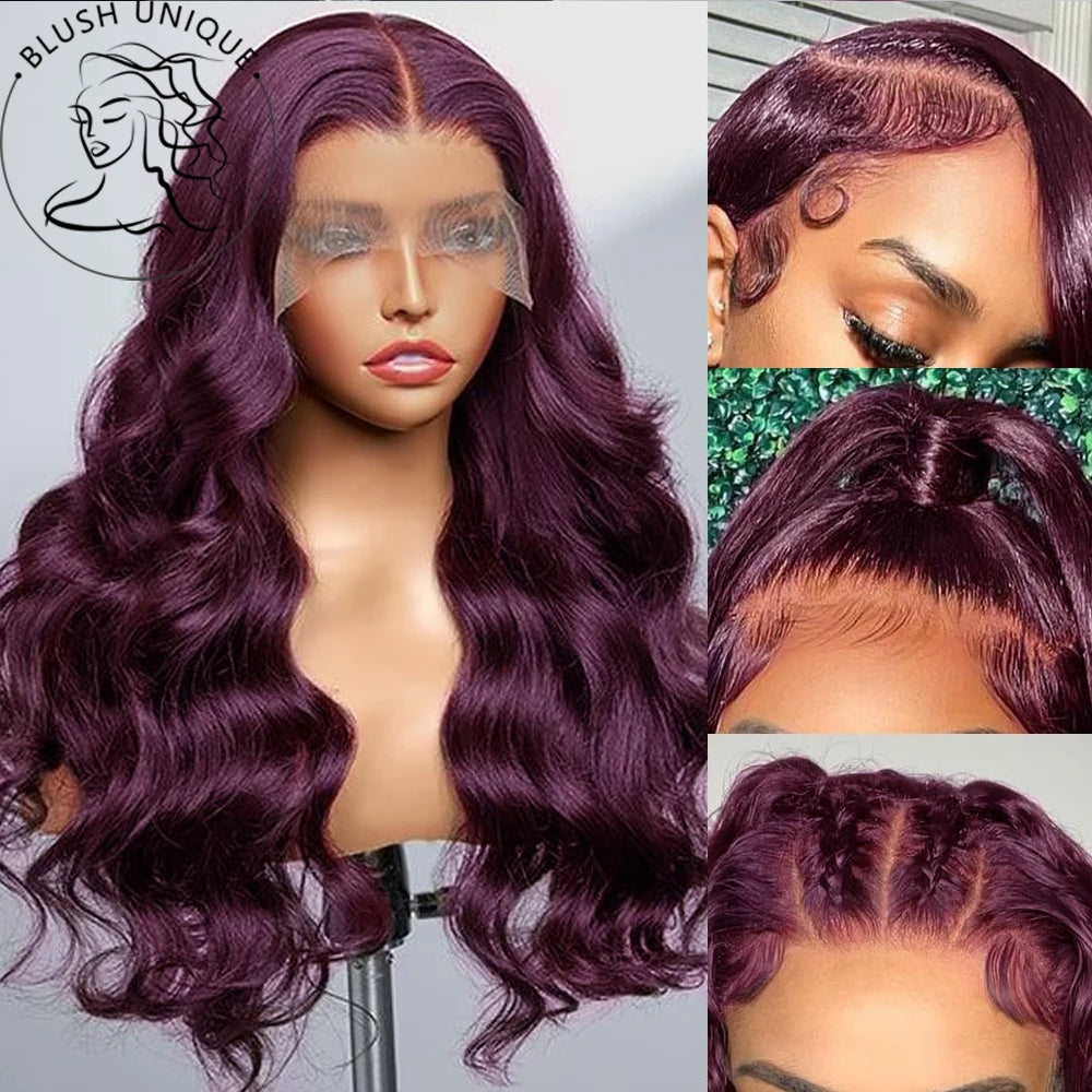 Dark Burgundy Lace Front Wigs Synthetic Body Wave Lace Wigs for Women Deep Purple 13X4 HD Lace Front Wigs T Part Glueless Wig