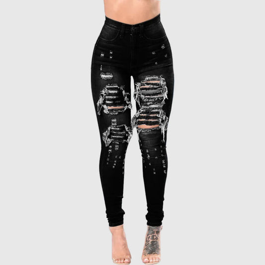 Europe and America Fashion Stretch Washed Ripped Jeans, Women's Spring and Autumn New Slim-fit High-waisted Small Feet Pants