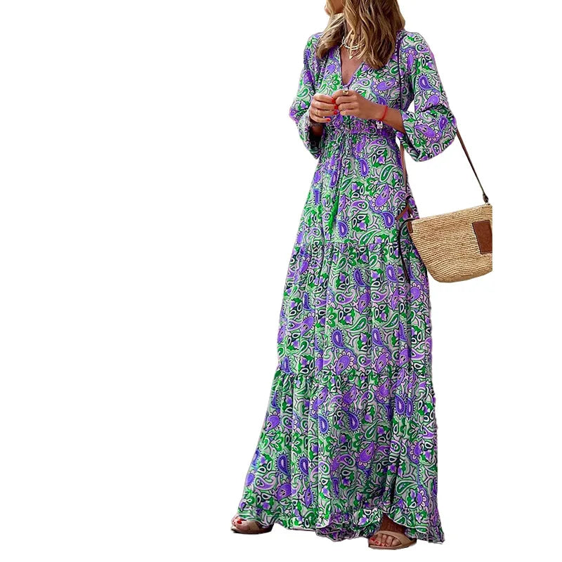 .Women's Autumn New Fashionable Printed Sexy V-neck Long Sleeve High Waist .Elastic Waist Medium Length Bohemian Dress