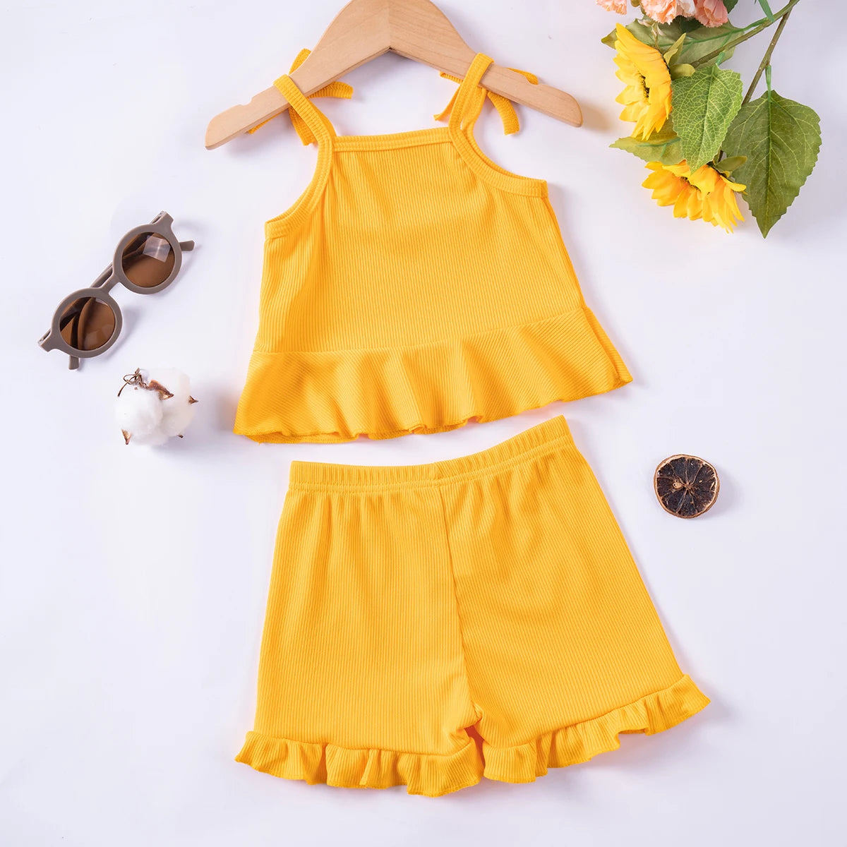 2024 Baby Girls Summer Set Toddler Thin Ruffle Edge Sling+Comfortable Ruffle Edge Shorts 2-piece Set for Outgoing or Party Wear