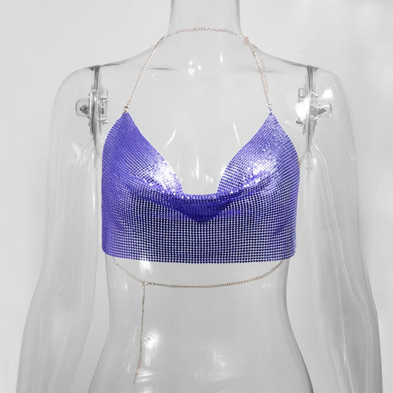 Glitter Metal Sequins Crop Tops For Women Sexy V Neck Backless Halter Tank Top Rave Party Nightclub Camisole Croppe