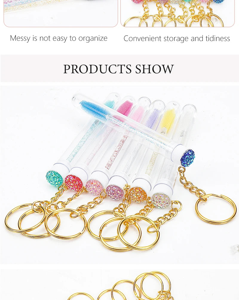 10 Pcs Tube Eyelash Brush With Gold Keychain Glitter Mascara Wand For Women Lash Extension Micro Comb Container Makeup Tools
