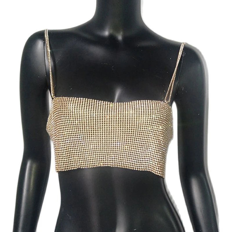 FestivalQueen 2023 Sequin Shiny Crystal Chain Tank Top Glitter Metal Mesh Halter Metallic Strap Crop Tops Festival  Party Sexy W