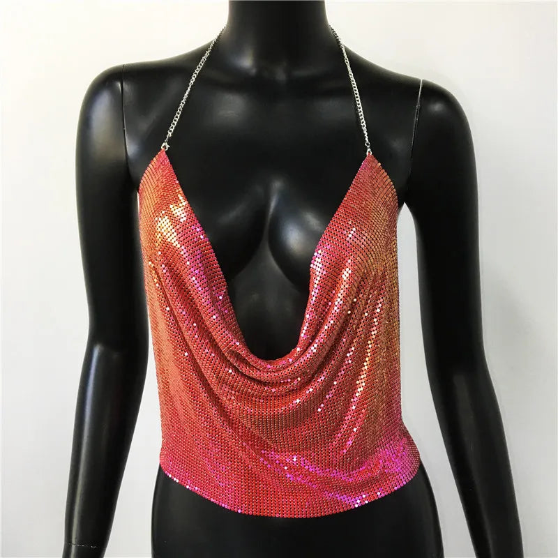 Sexy Metal Sequins Tank Top For Women 2025 Summer V Neck Backless Crop Tops Luxury Solid Short Party Nightclub Tank Tops