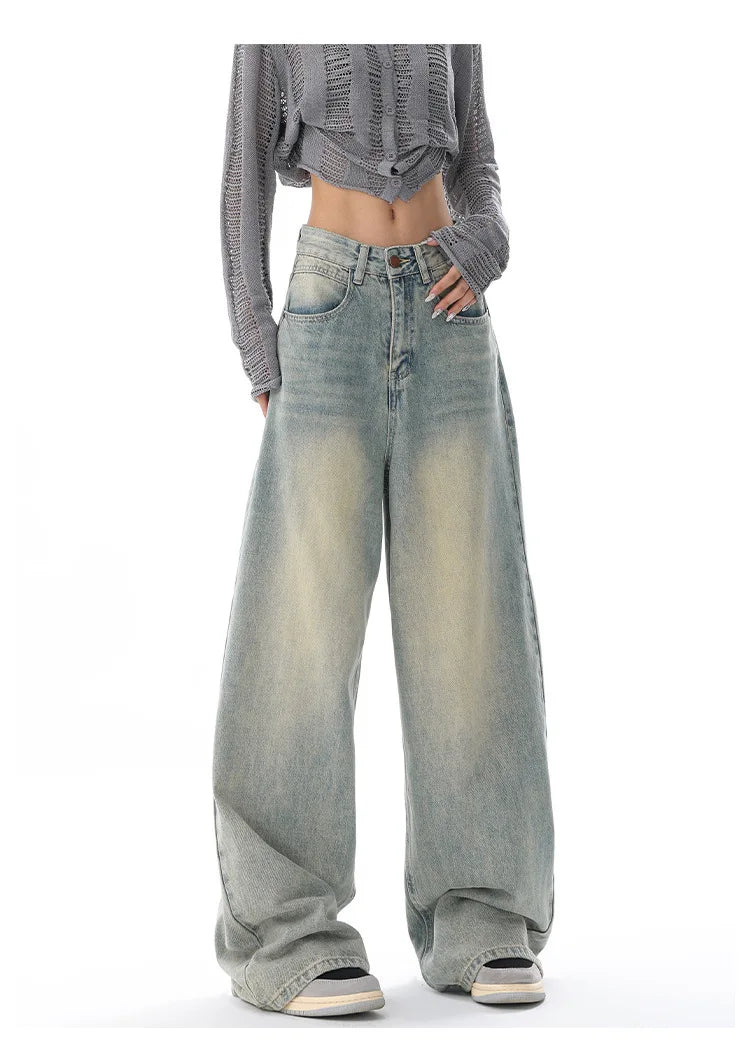 Personality Street Vintage Light Blue Wide-leg Jeans, Spring and Summer New Fashion Casual Loose Floor Length Jeans for Women