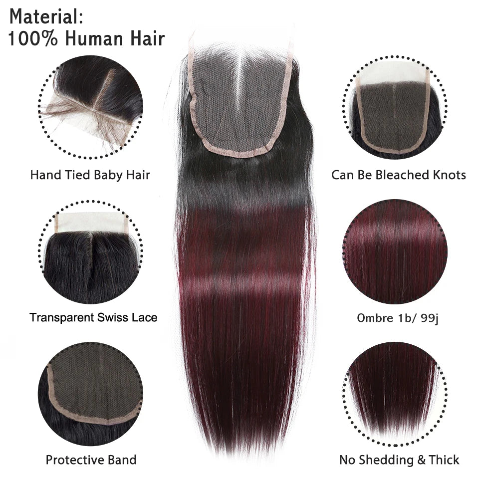 YOUFA 1B 99J Human Hair Bundles With Closure Pre Plucked Ombre Dark Burgundy Straight Hair Weave Bundles With 4x4 Lace Closure