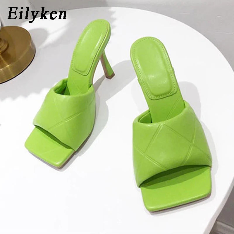 Eilyken Summer New Women Slipper Peep Toe Thin High Heel Sandal Shoes Ladies High Quality PU Leather Slides Pumps