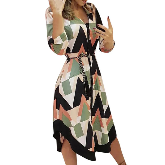 Women'S New Fashion Long Sleeve Printed Shirt Skirt Women'S Long Dress Temperament Commuter Round Neck Women'S A-Line Skirt