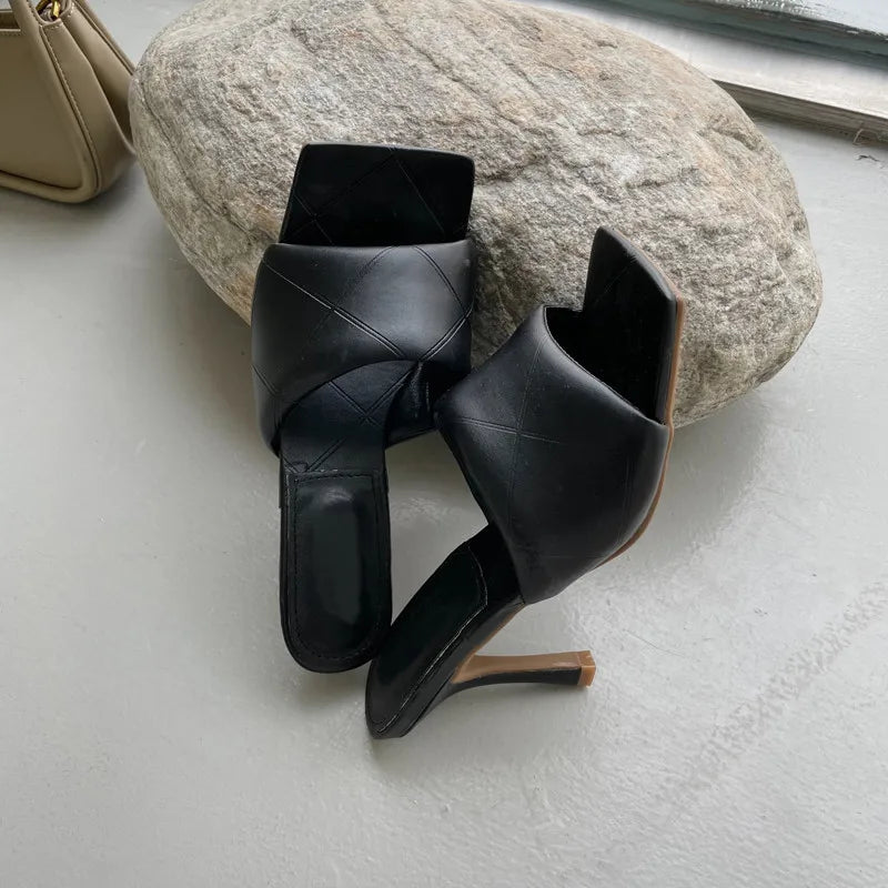 Eilyken Summer New Women Slipper Peep Toe Thin High Heel Sandal Shoes Ladies High Quality PU Leather Slides Pumps