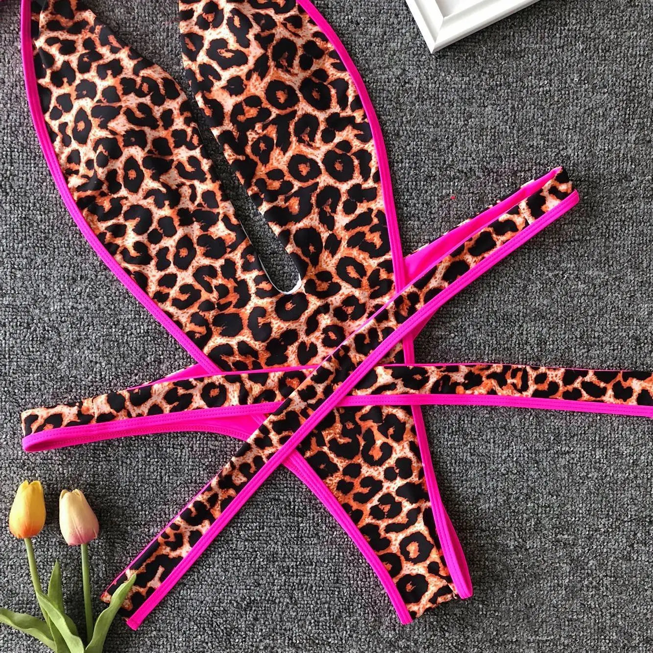 SINGREINY Fashion Halter Sexy Bikini Rompers Female Lace Up Bodycon Playsuits Women Vacation Style Beach Leopard Swimsuits