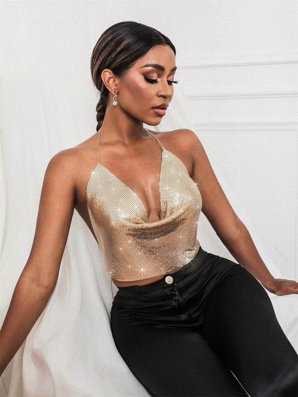 Women's Sexy Metal Sequins Open Back Chain Sling Vest Top Sexy Nightclub Party Tank Tops ﻿