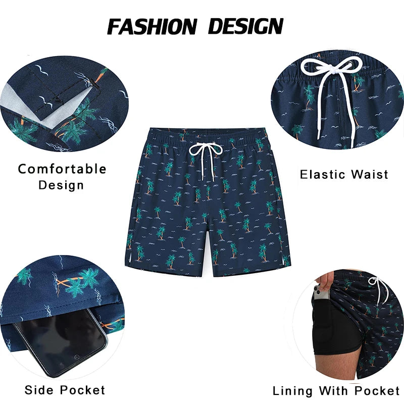 ESCATCH 2025 New Arrival Mens Swimming Trunks Compression Liner 2 in 1 Printing Quick-Dry Gym Sports Mens Shorts Zipper Pockets
