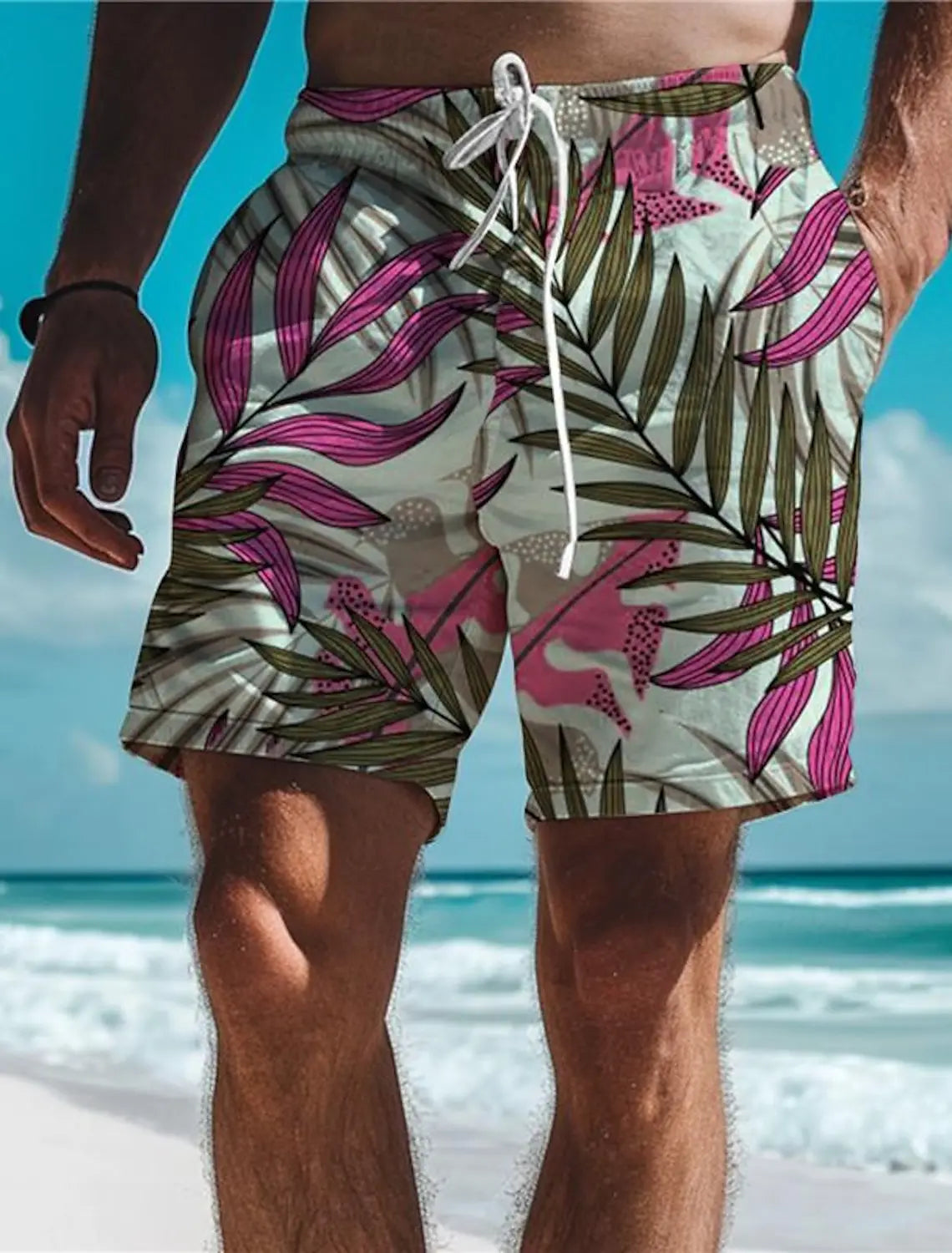 Leaf Tropical Men's Board Shorts Hawaiian Short 3D Printed Swim Trunks Elastic Drawstring Breathable Stretch Aloha Style