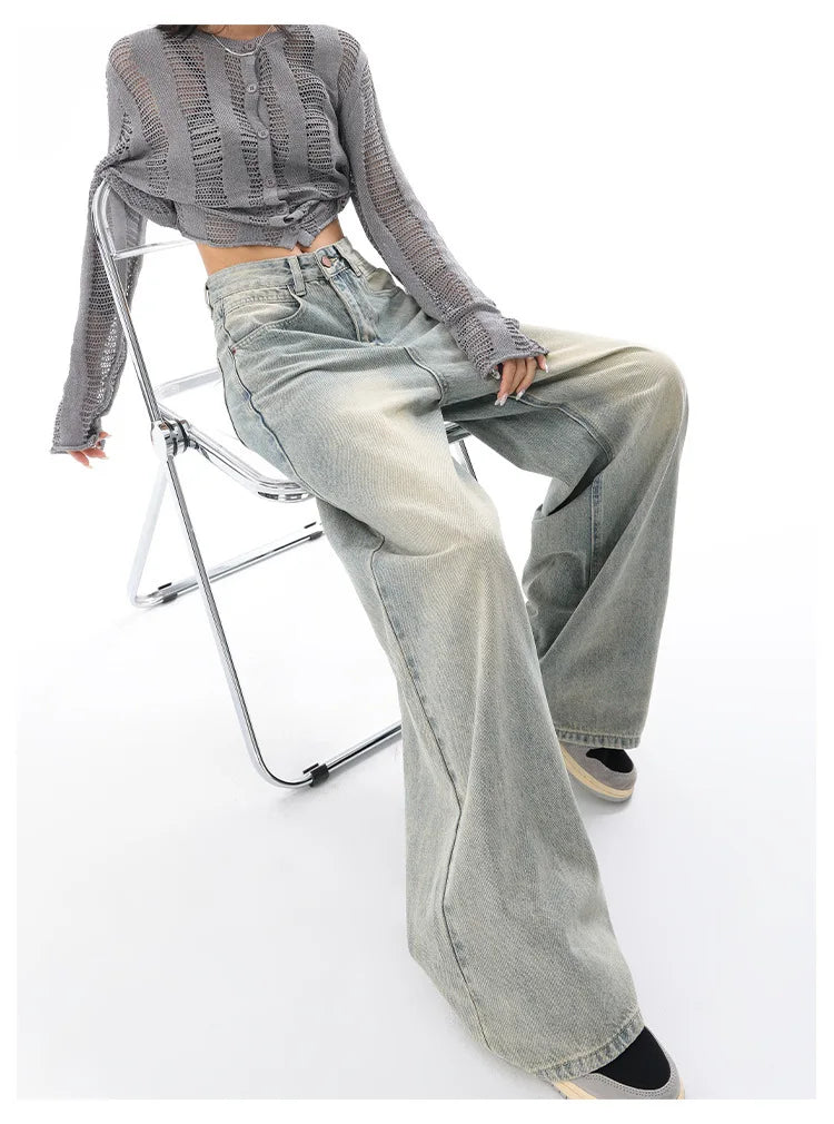 Personality Street Vintage Light Blue Wide-leg Jeans, Spring and Summer New Fashion Casual Loose Floor Length Jeans for Women