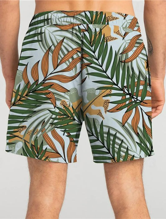Leaf Tropical Men's Board Shorts Hawaiian Short 3D Printed Swim Trunks Elastic Drawstring Breathable Stretch Aloha Style