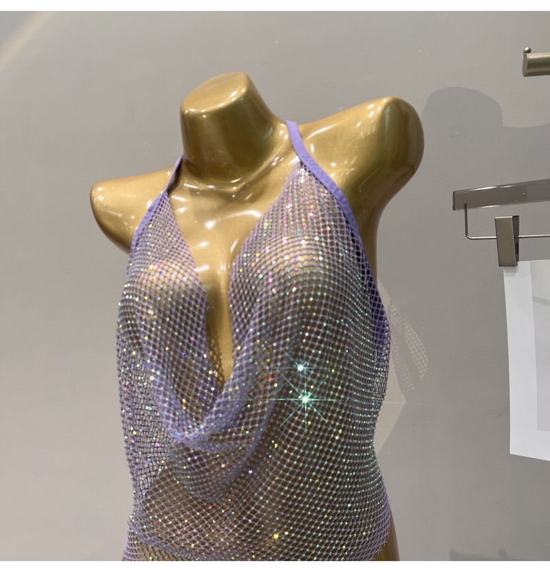 Women's Summer 2023 Sexy Rhinestone Solid Color Camisole Tie Backless Bandage Corset Top Fashion Peplum