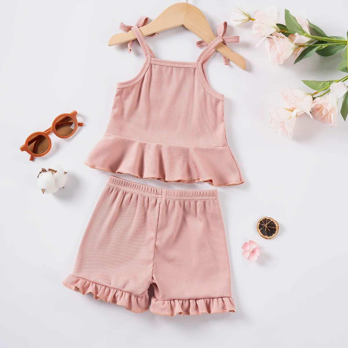 2024 Baby Girls Summer Set Toddler Thin Ruffle Edge Sling+Comfortable Ruffle Edge Shorts 2-piece Set for Outgoing or Party Wear