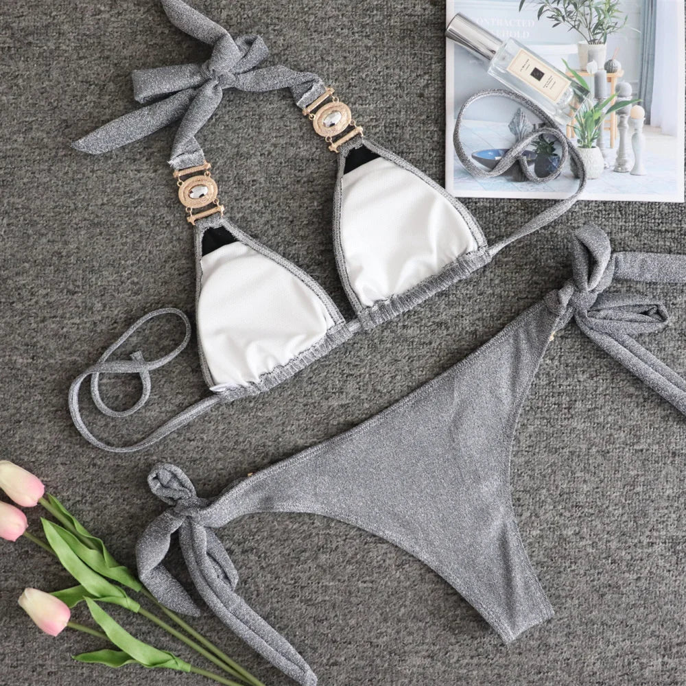 2025 Sexy Bikinis Swimsuit With Rhinestones Solid Color Swimwear Female Push Up Bikini Beach Swimming Bathing Suit Women Bather