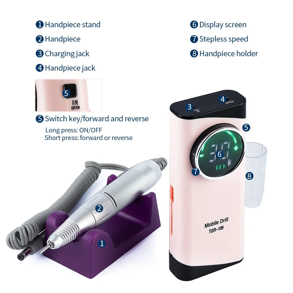 30000RPM Rechargeable Nail Drill Manicure Machine Professional Nail Gel Polishing Remover Cordless Drill Set Nail Art Low Voice