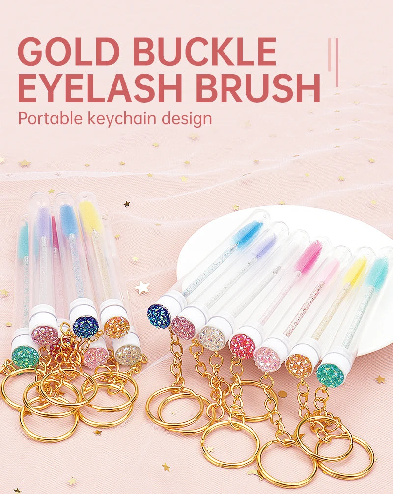 10 Pcs Tube Eyelash Brush With Gold Keychain Glitter Mascara Wand For Women Lash Extension Micro Comb Container Makeup Tools