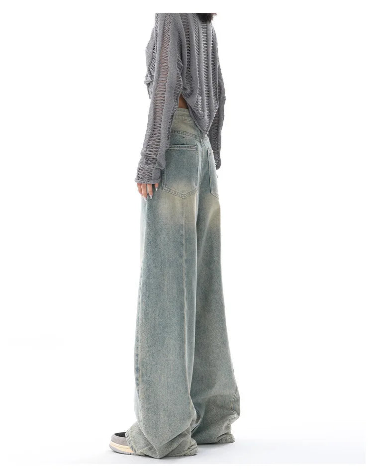Personality Street Vintage Light Blue Wide-leg Jeans, Spring and Summer New Fashion Casual Loose Floor Length Jeans for Women