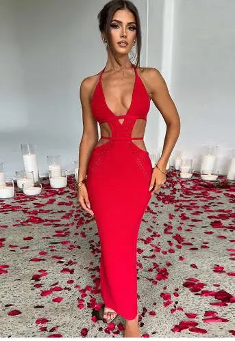 Women Halter Bodycon Long Dress Sexy Hollow Out Open Back Sleeveless Backless Knit Beach Dress Slim Fit Clubwear