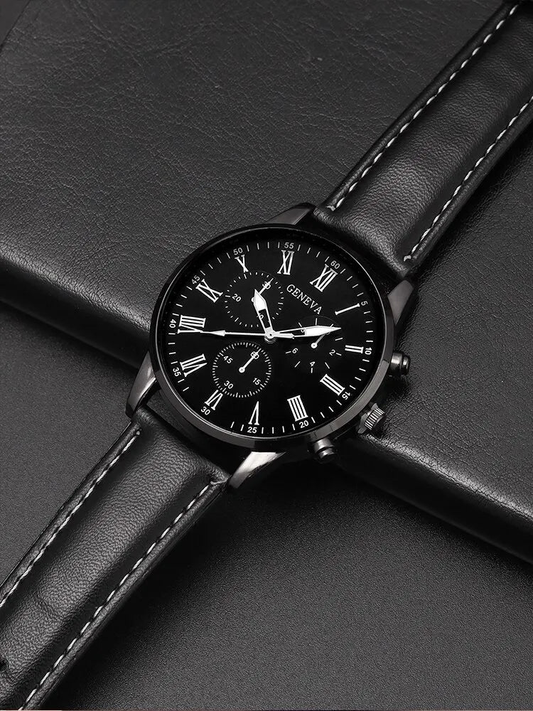 3PCs Fashion Business Casual Men's Belt Quartz Watch with PU Leather Woven Bracelet Necklace Combination Set
