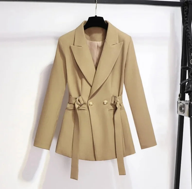Women's Blazer 2024 Autumn New Korean Fashion Stylish Tie Waist Jacket Unique Luxurious Outerwear for Women Medium Length Jacket