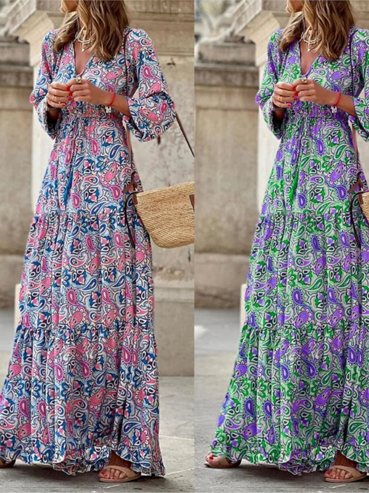 .Women's Autumn New Fashionable Printed Sexy V-neck Long Sleeve High Waist .Elastic Waist Medium Length Bohemian Dress
