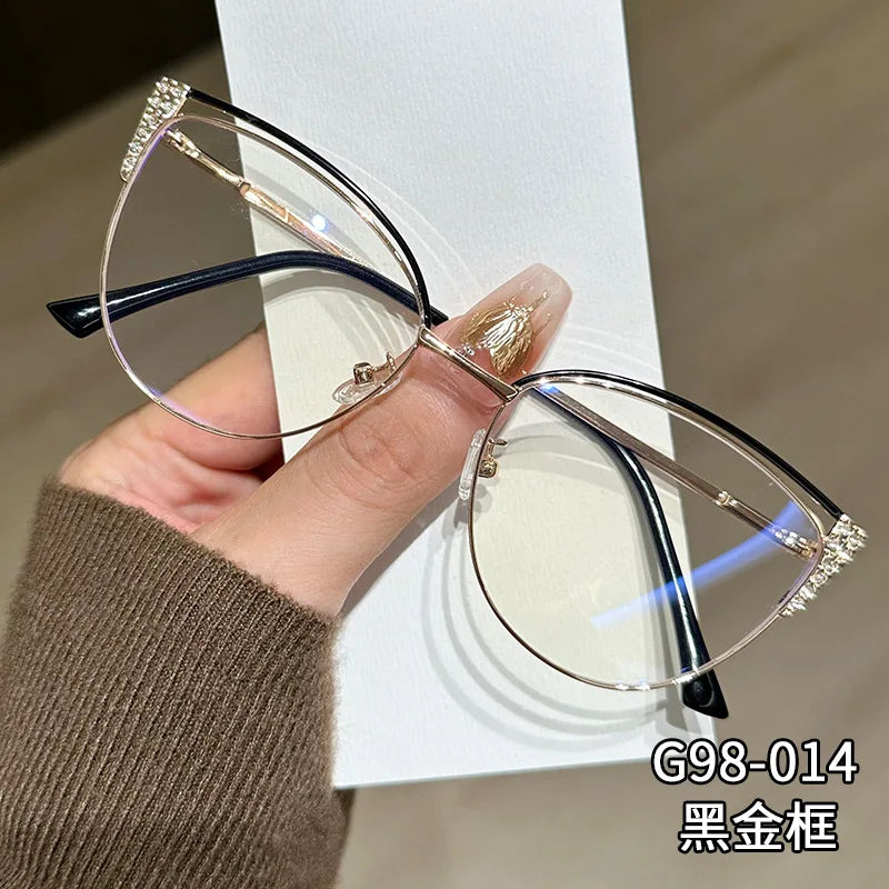 2025 new exquisite diamond studded metal eyeglass frame for women anti blue light glasses fashionable cat eye computer goggles