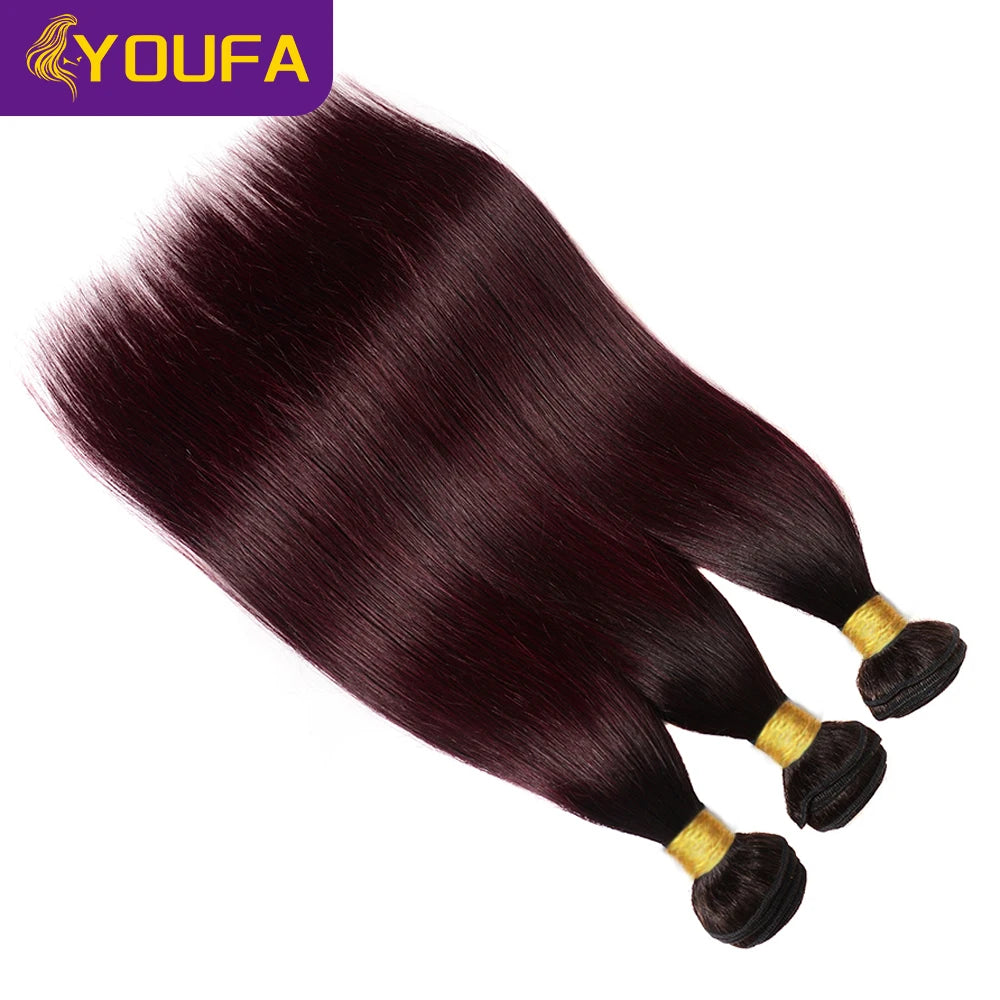 YOUFA 1B 99J Human Hair Bundles With Closure Pre Plucked Ombre Dark Burgundy Straight Hair Weave Bundles With 4x4 Lace Closure
