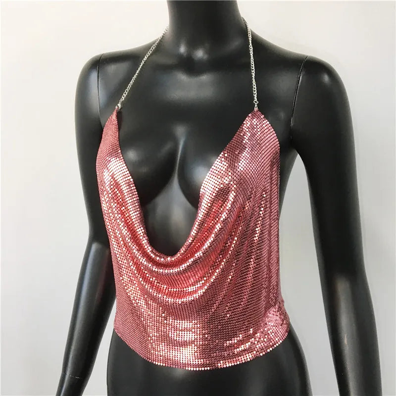 Sexy Metal Sequins Tank Top For Women 2025 Summer V Neck Backless Crop Tops Luxury Solid Short Party Nightclub Tank Tops
