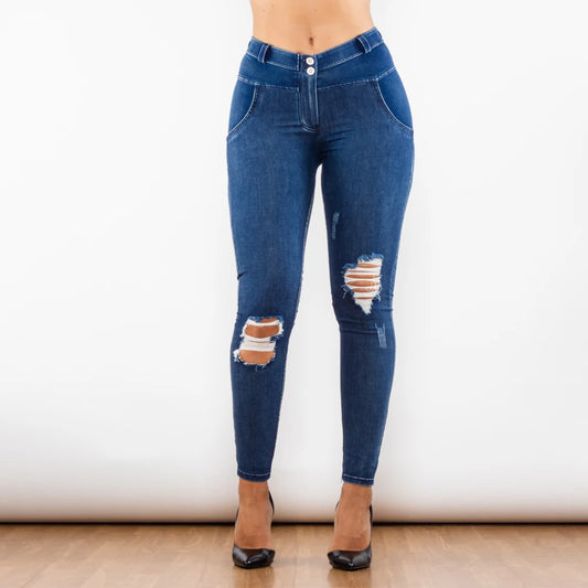 Shascullfites Women's Melody Blue Washed Ripped Jeggings Push-Up Butt Booty Jeans Middle Waist Female Fashion Pants