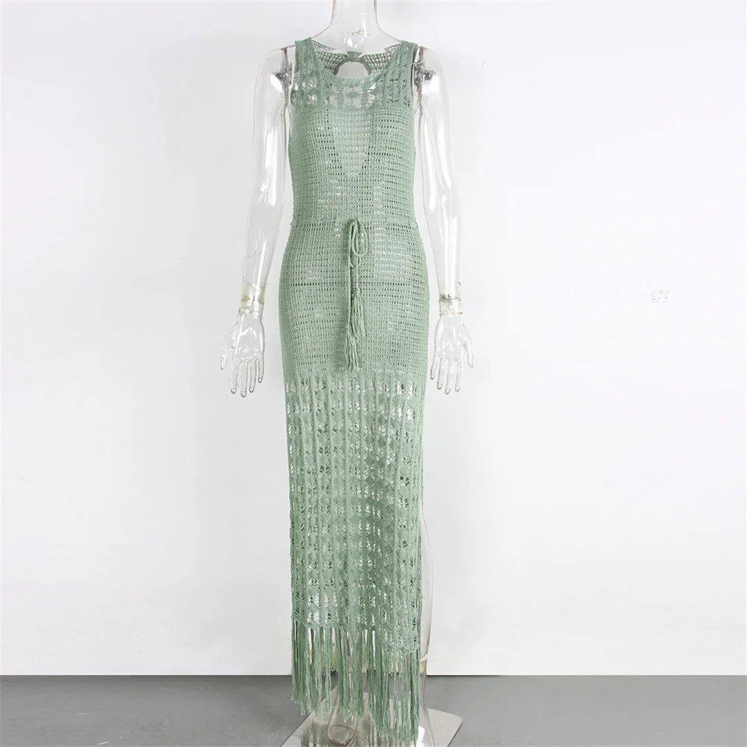 S- XL Fringe Tassel Side Slit Knitted Crochet Dress Hollow Out Boho Maxi Long Dress Beach Cover-ups Beach Dress Beachwear DV3802