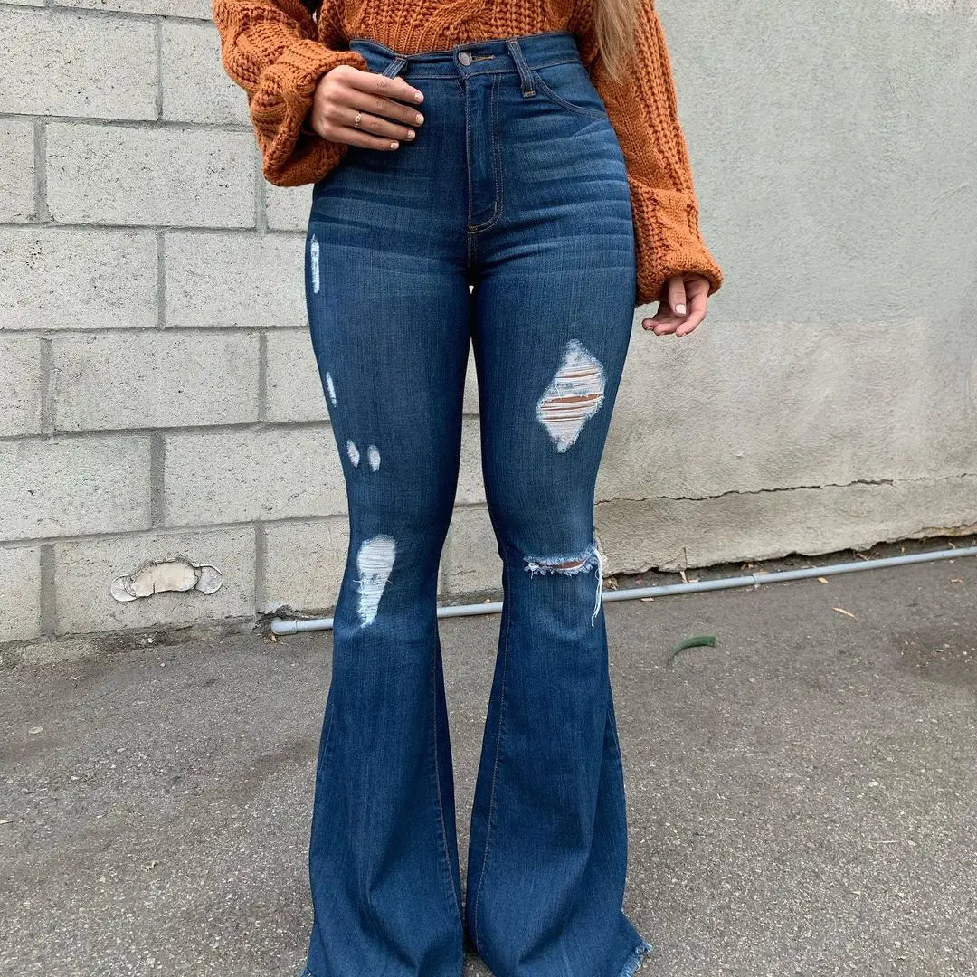 2025 Spring New High Waist Ripped Flared Jeans For Women Fashion Stretch Slim Denim Pants Casual Female Clothing S-3XL Drop Ship