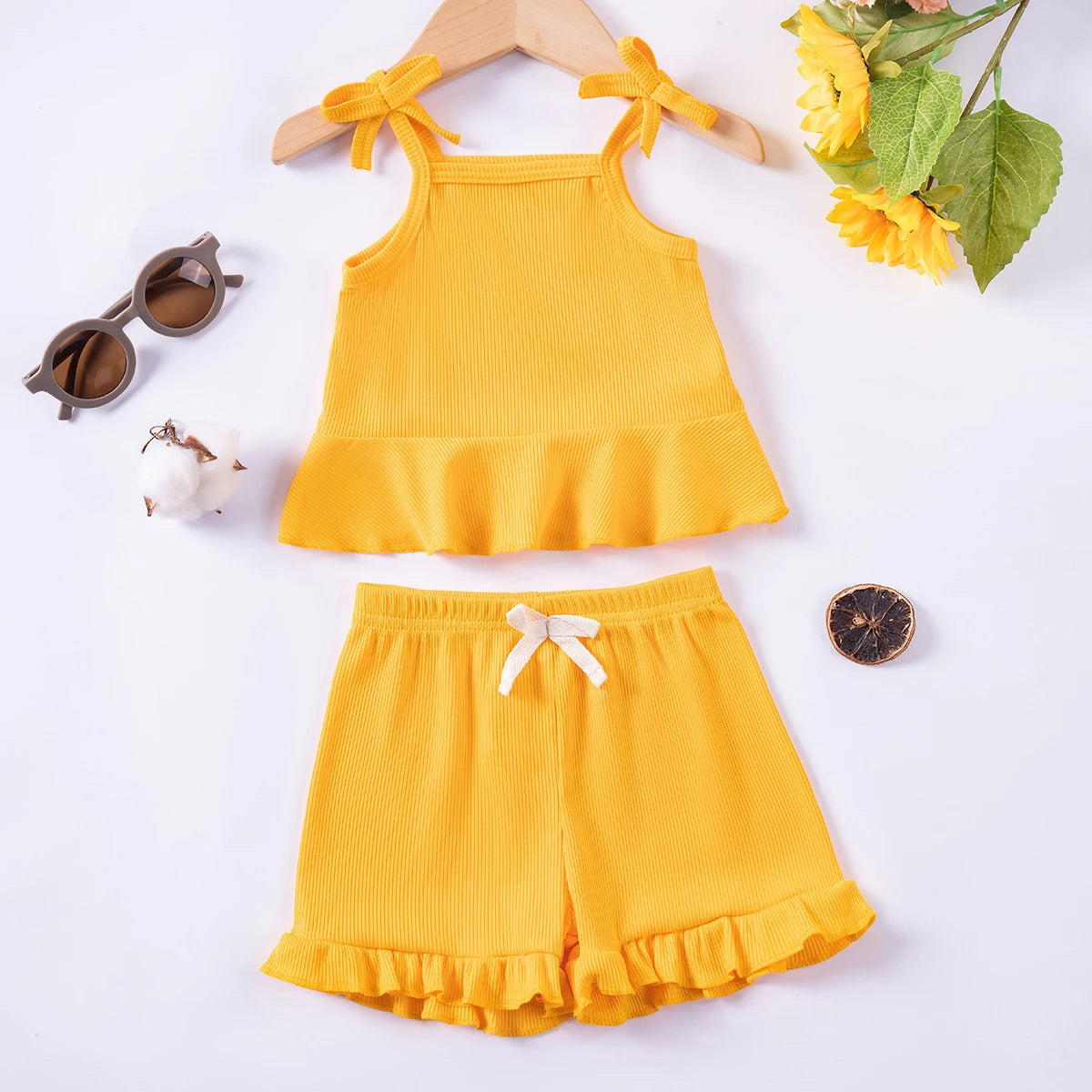 2024 Baby Girls Summer Set Toddler Thin Ruffle Edge Sling+Comfortable Ruffle Edge Shorts 2-piece Set for Outgoing or Party Wear