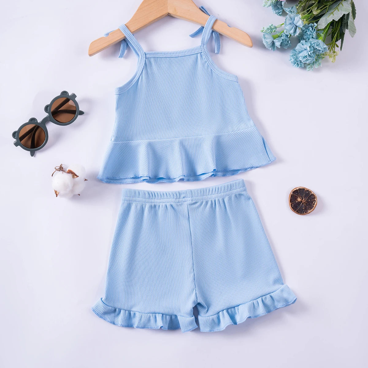 2024 Baby Girls Summer Set Toddler Thin Ruffle Edge Sling+Comfortable Ruffle Edge Shorts 2-piece Set for Outgoing or Party Wear